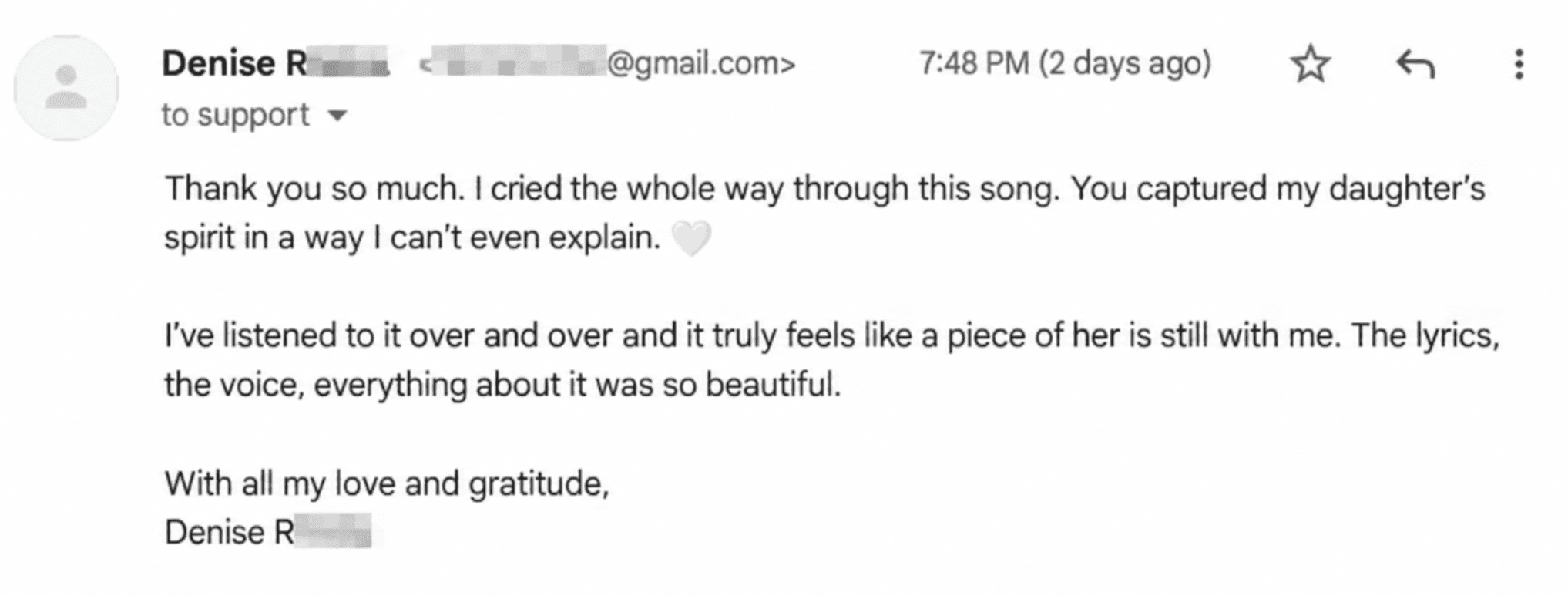 Redacted customer email from Denise describing the memorial song made for her daughter.