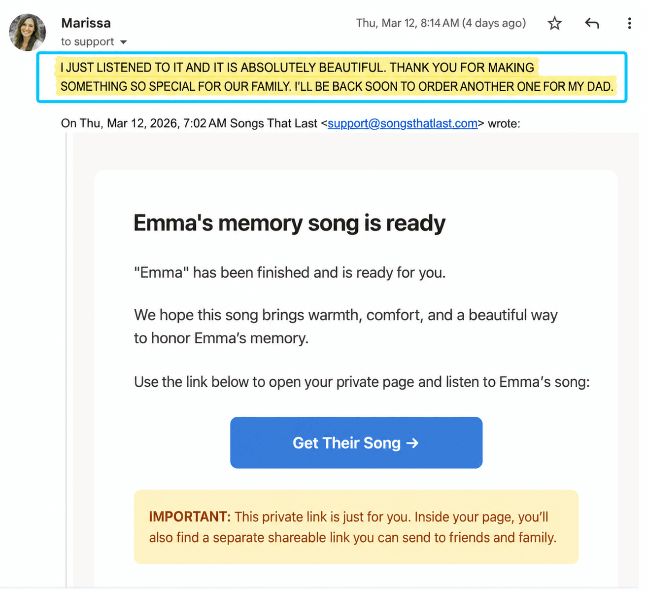 Redacted customer email from Marissa praising a memorial song made for her family.