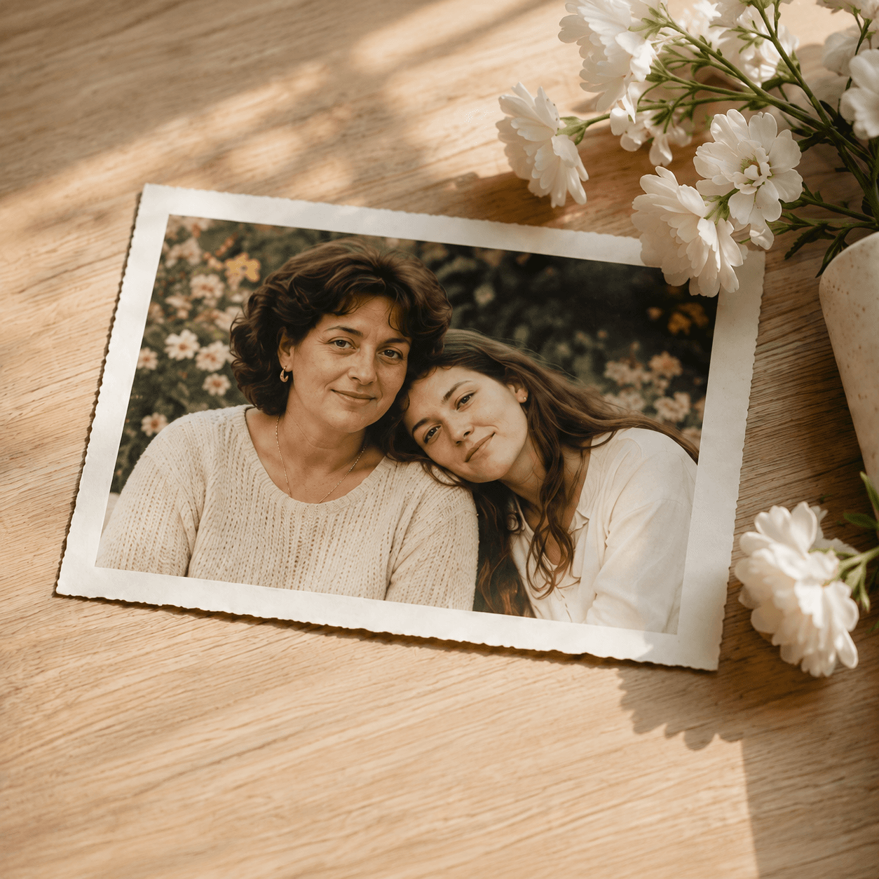 Illustrative artwork of a family photograph and white flowers on a table