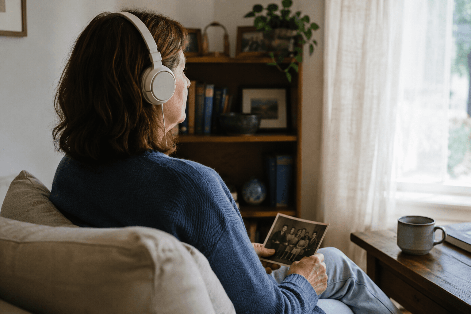 Illustration of a woman listening with headphones while holding a family photograph at home