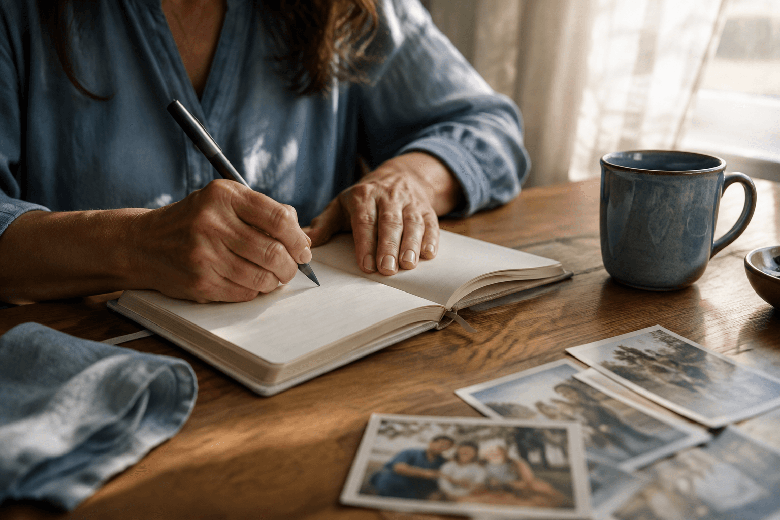 Illustration of hands writing memories in a notebook beside family photographs and a blue mug